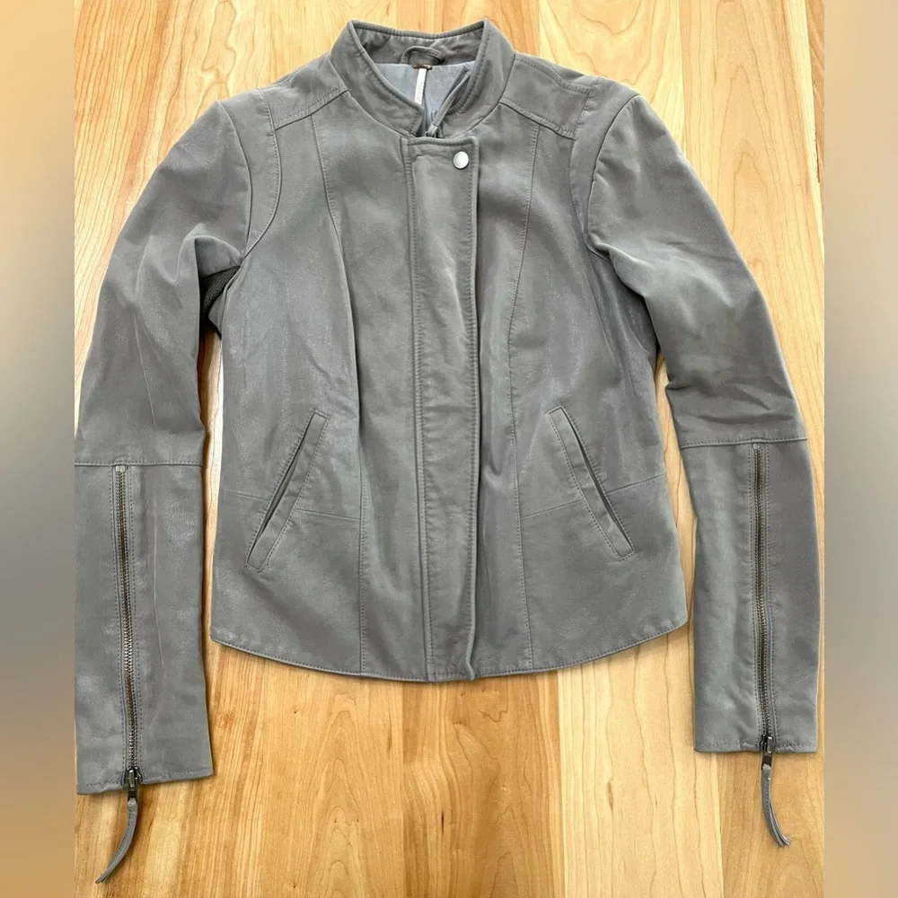 Free People Women's 6 Gray Faux Leather Moto Biker Jacket